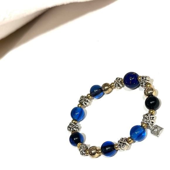 Blue Lapis Stone$⬇️💗 Bracelet W/Gld speckled Lapis,Blue Beach Glass, SS heart😊 - Picture 2 of 5